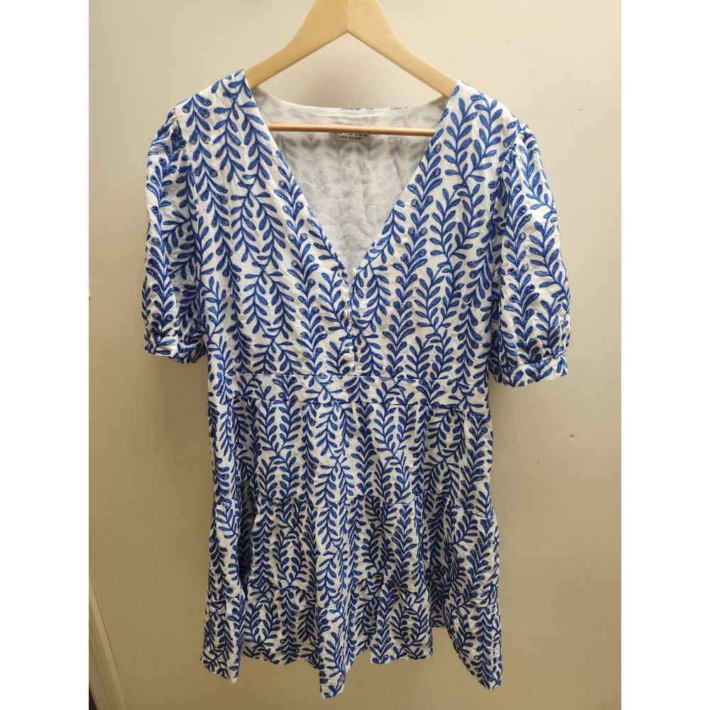 Estelle Womens Plus 1X Blue White Leaf Embroidered Eyelet V-Neck‎ Tiered Mini
